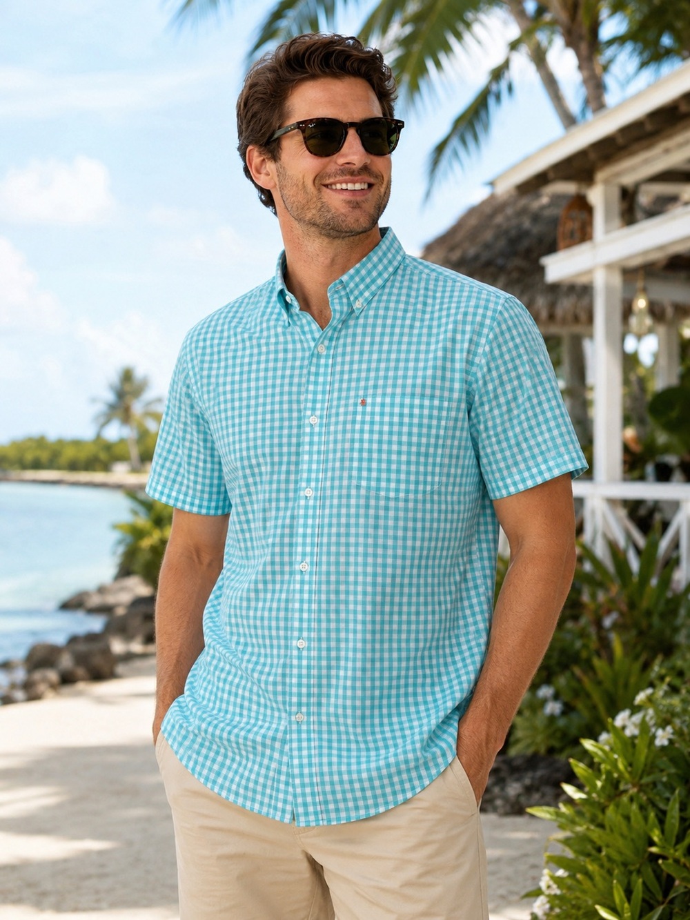 IZOD Mens Size M Turquoise Plaid Button Front Shirt Stretch Non Iron Resort